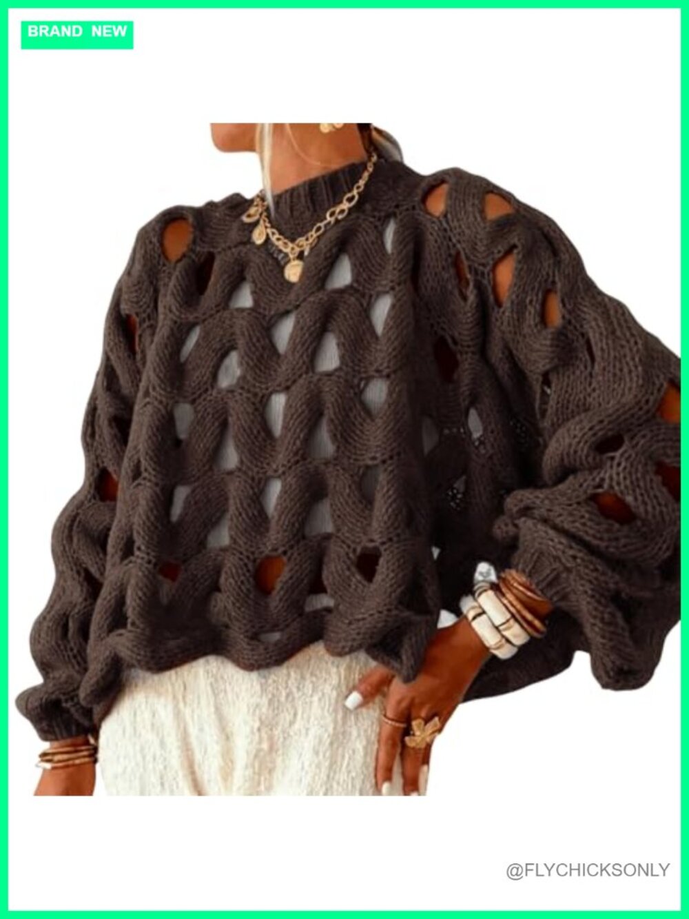 Women's Hollow Out Crochet Chunky Knit Oversized Pullover Sweater Crew Neck